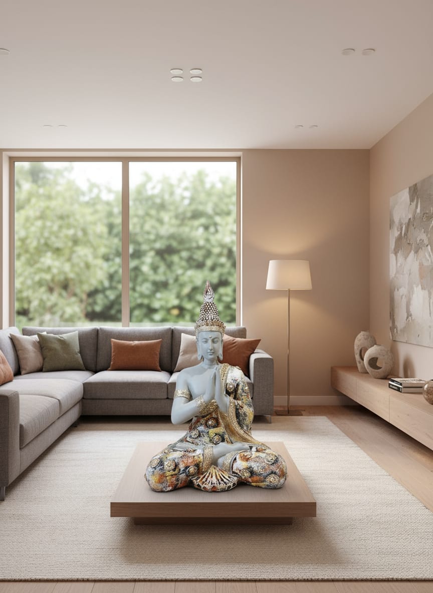 Ornate Crowned Buddha Statue in Anjali Mudra