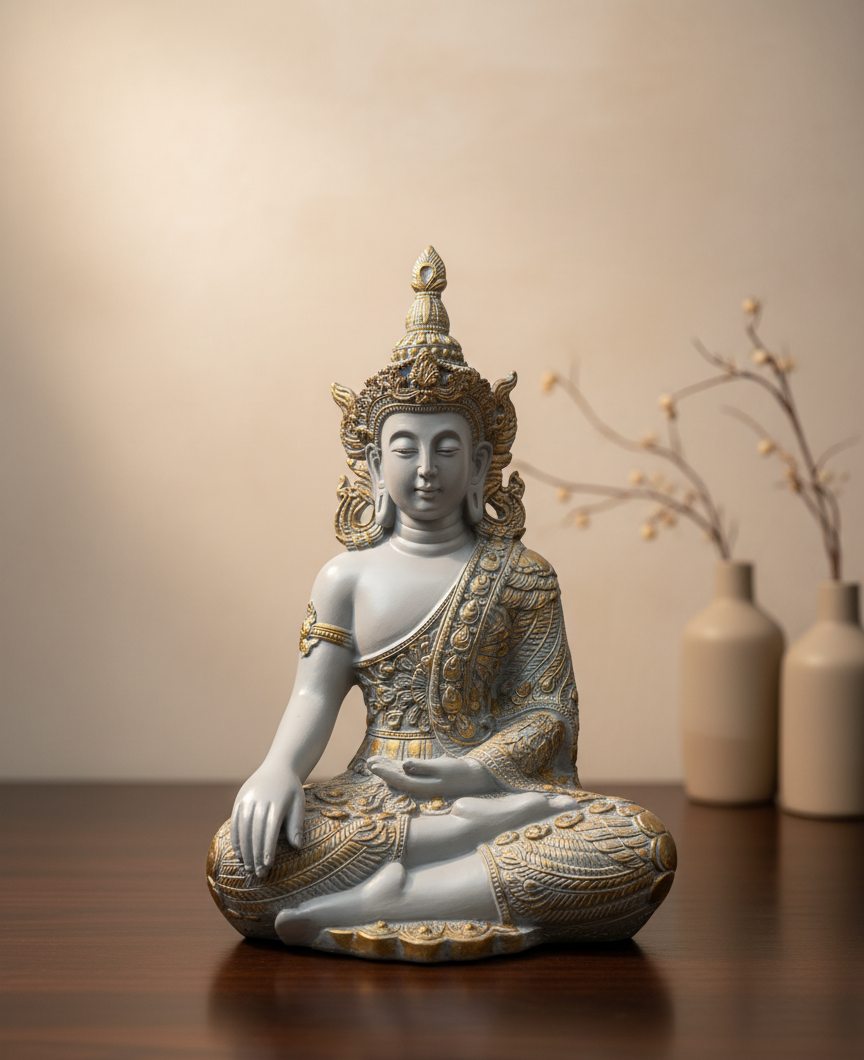 Regal Crowned Buddha Statue in Meditation