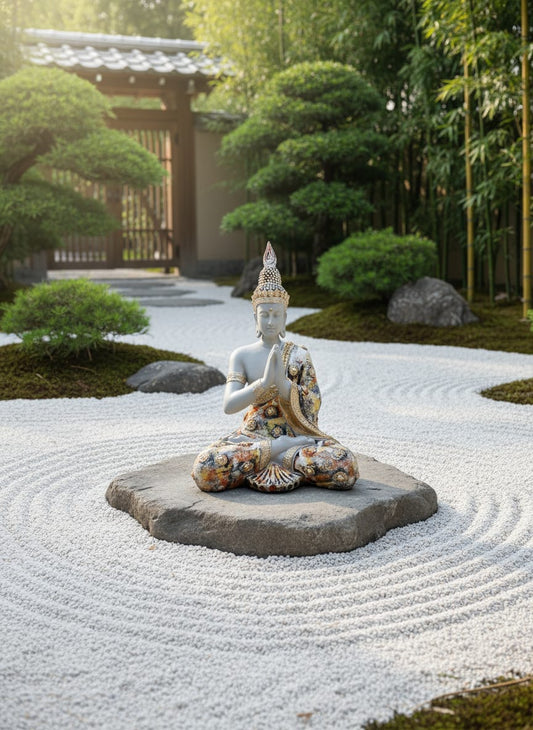 Ornate Crowned Buddha Statue in Anjali Mudra